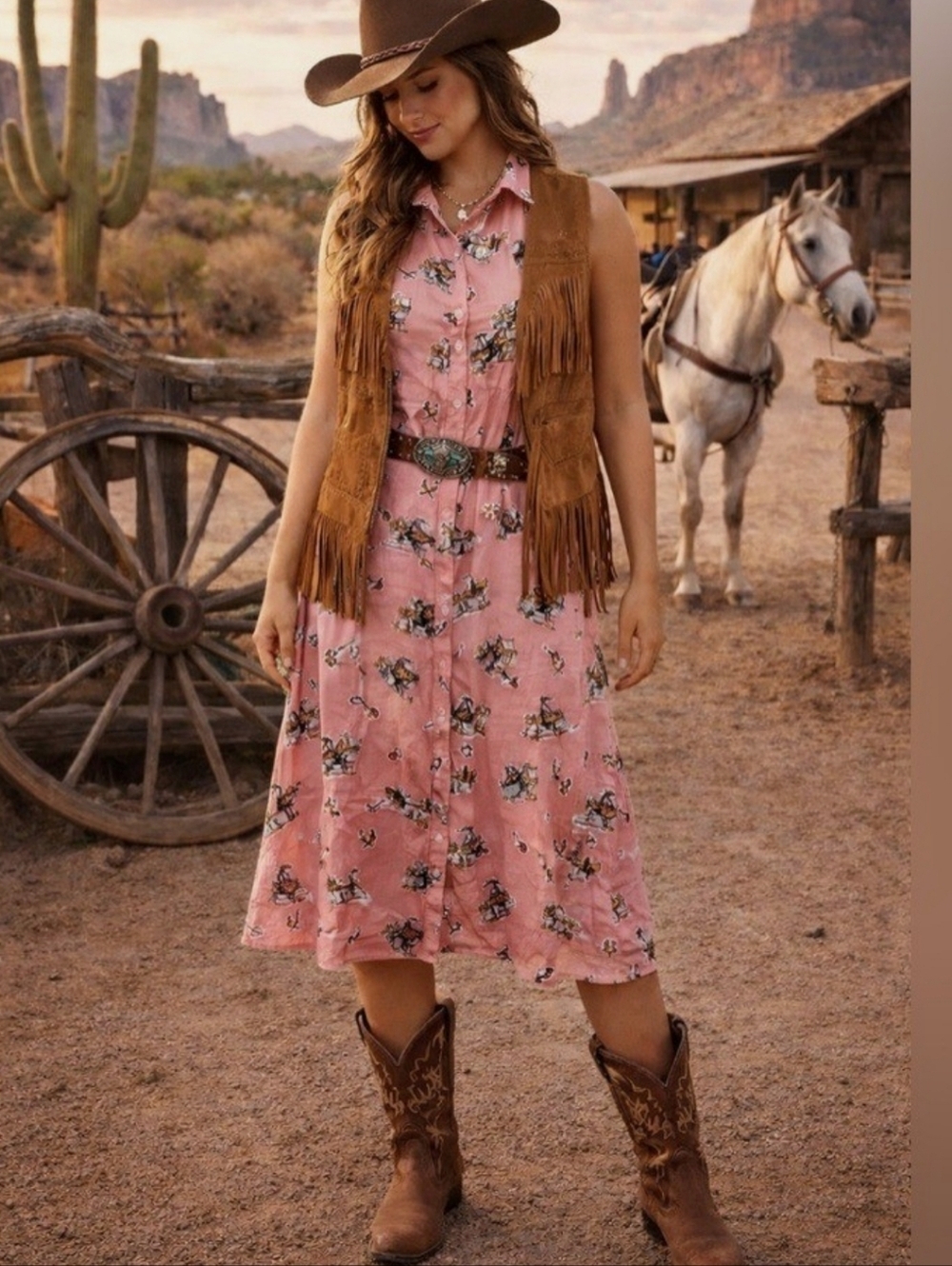 Panhandle Slim Cowboy Rodeo Print Sleeveless Midi Dress/ Duster Vest Large Pink
